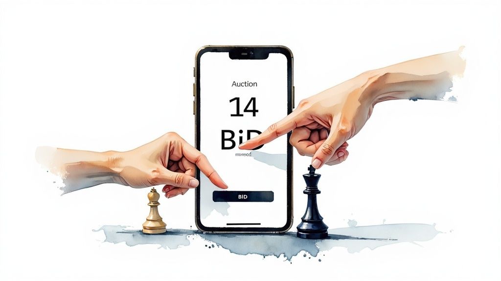 Hands with chess pieces interact with a smartphone displaying an online auction.