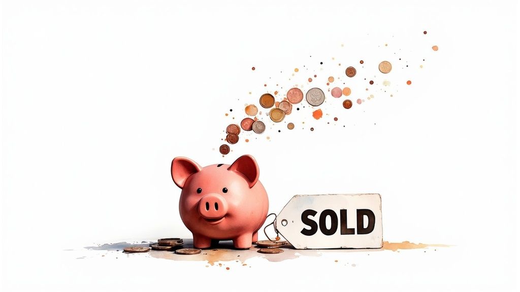 A pink piggy bank on a white background, with coins bursting out and a 'SOLD' tag.