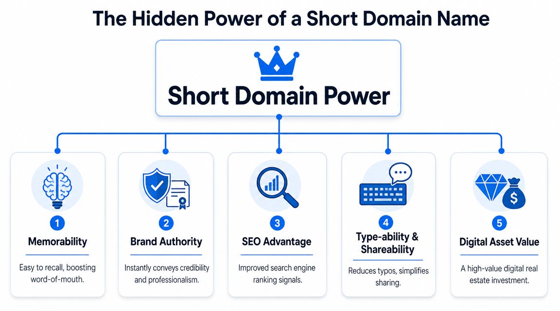 An infographic highlighting the five main benefits of choosing a short domain name for your business website.