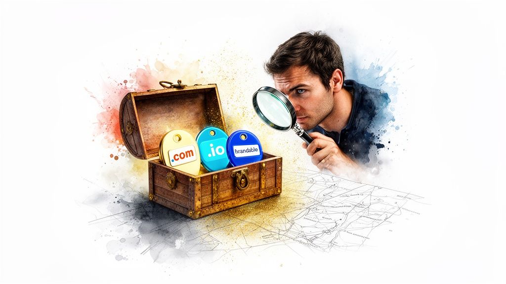 Man with magnifying glass and map discovering a treasure chest full of brandable domain name keychains.