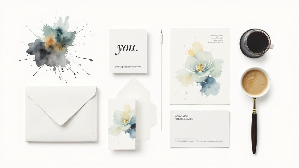 Elegant stationery set with watercolor flower art, business cards, envelopes, and two cups of coffee.