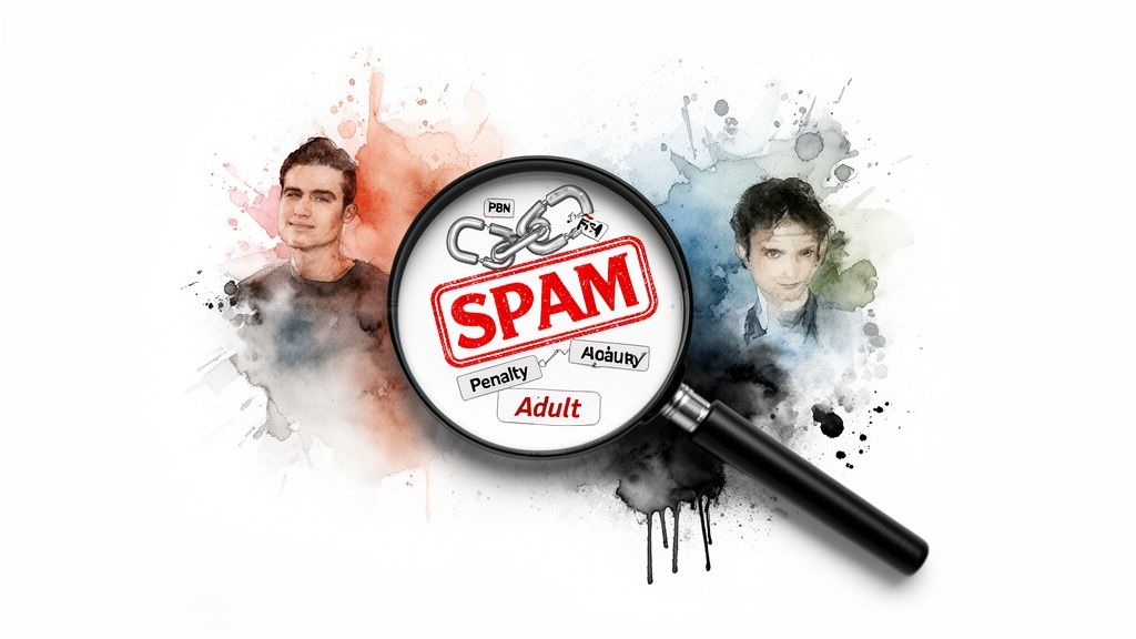 Magnifying glass over 'SPAM' stamp with 'PBN', 'Penalty', 'Adult' terms, flanked by two male portraits.