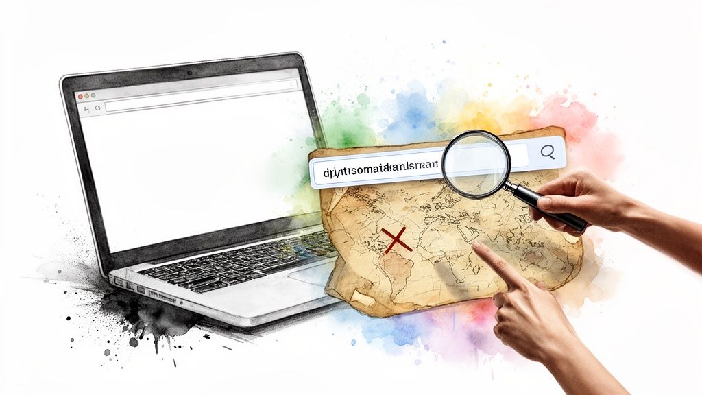 Hands search a digital map on a laptop, looking for 'domain names' with a magnifying glass, symbolizing online exploration.