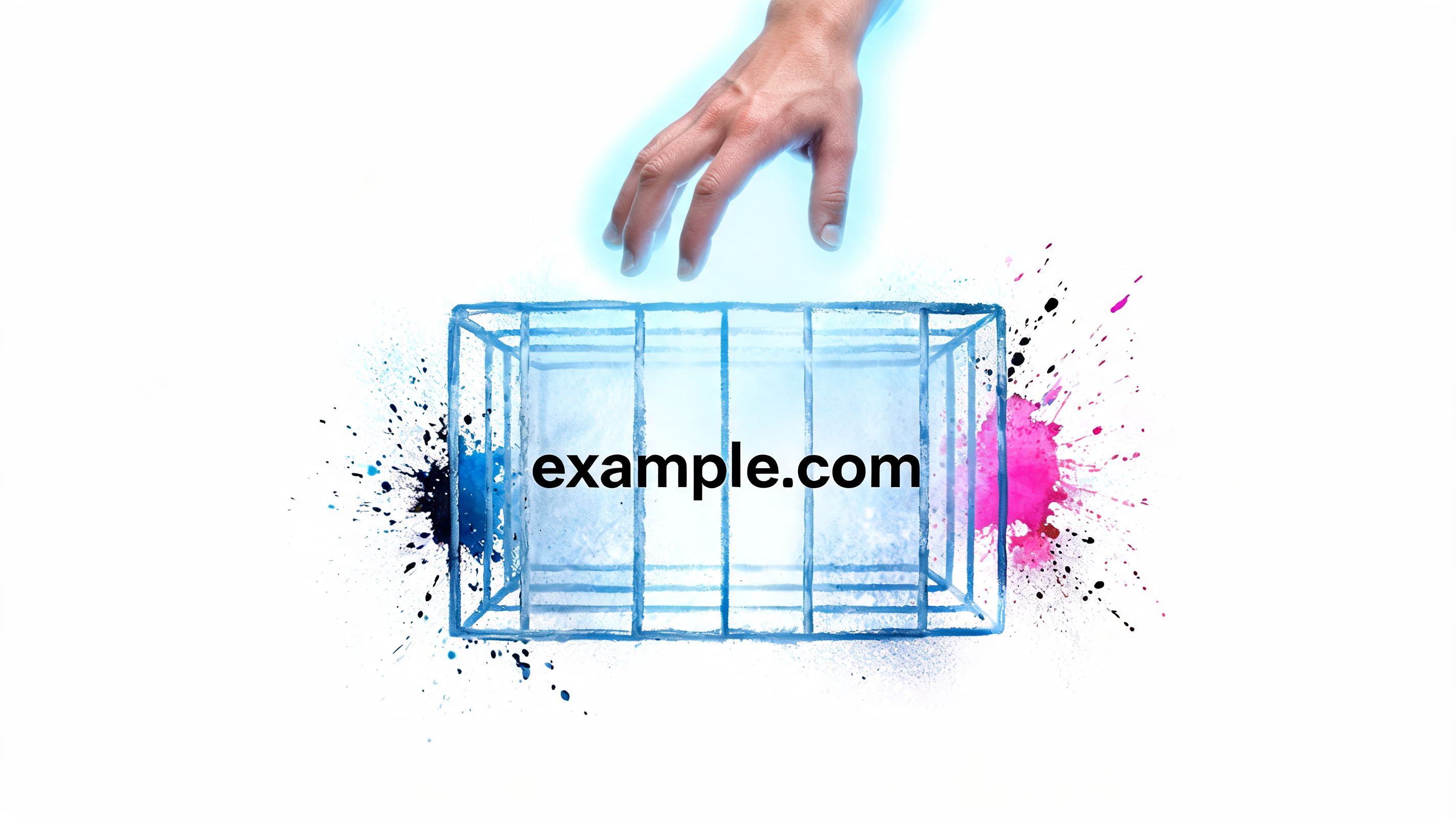 A hand reaching towards a wireframe cage enclosure featuring the text example.com on a white background.