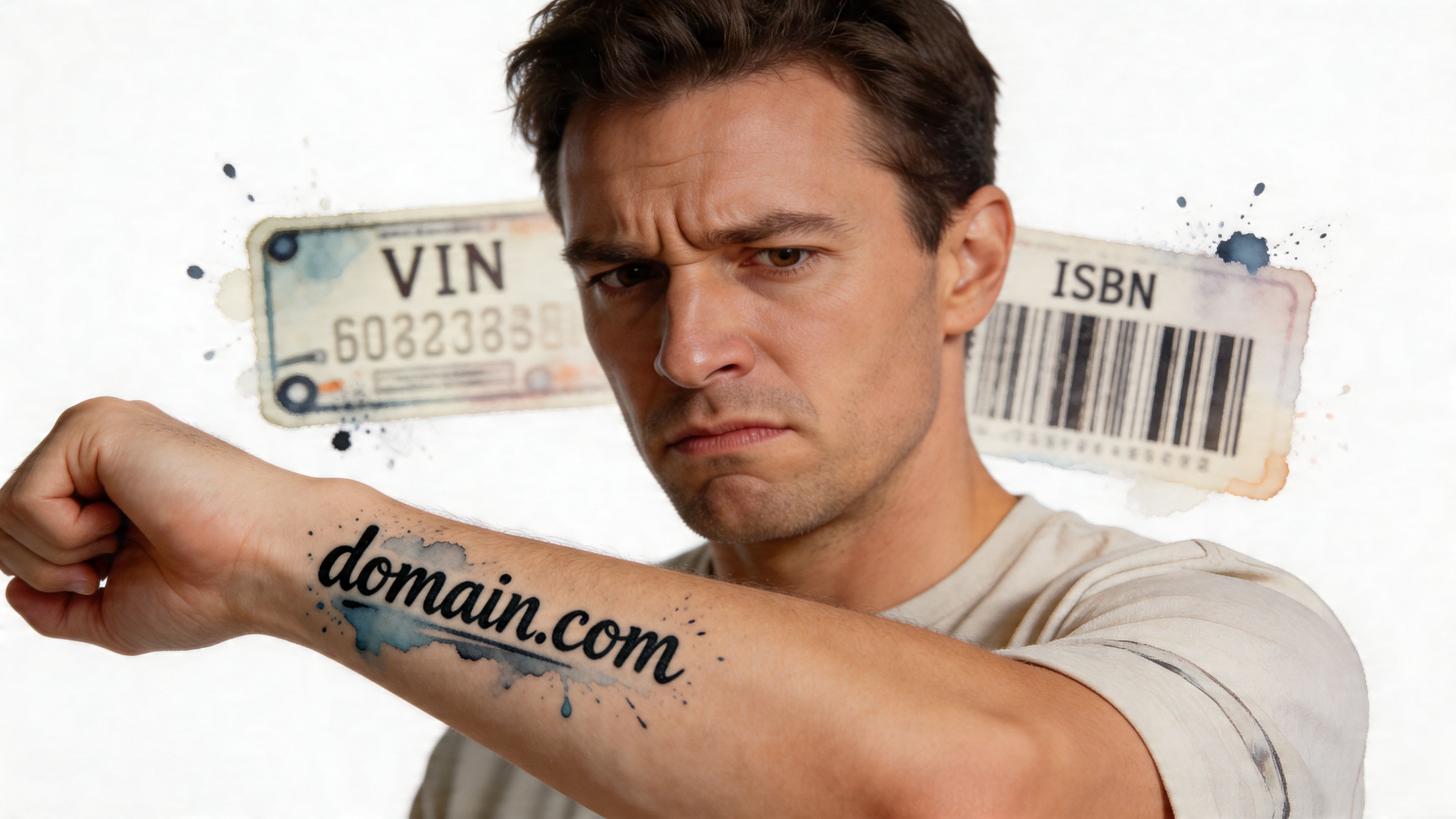 A man looking intensely at his arm which has a tattoo of the text domain dot com.