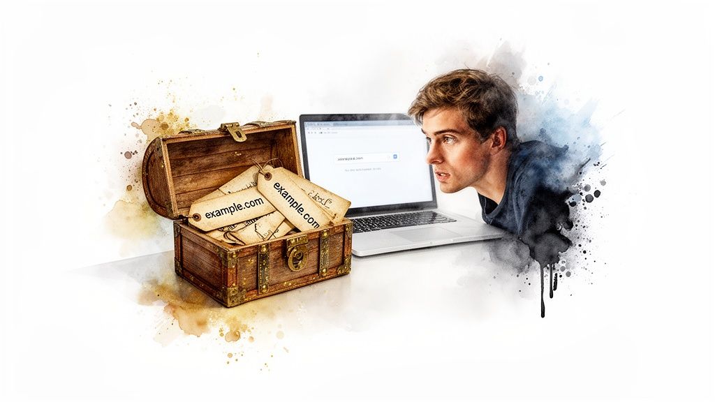 A young man looking at a laptop with a treasure chest full of example.com tags.