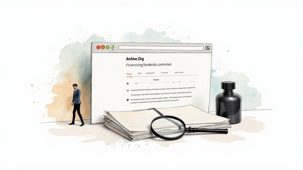 Illustration showing a man, Archive.org website, papers, and magnifying glass for domain research.