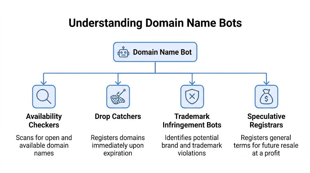 A diagram explaining the four types of domain name bots, including availability checkers, drop catchers, and others.