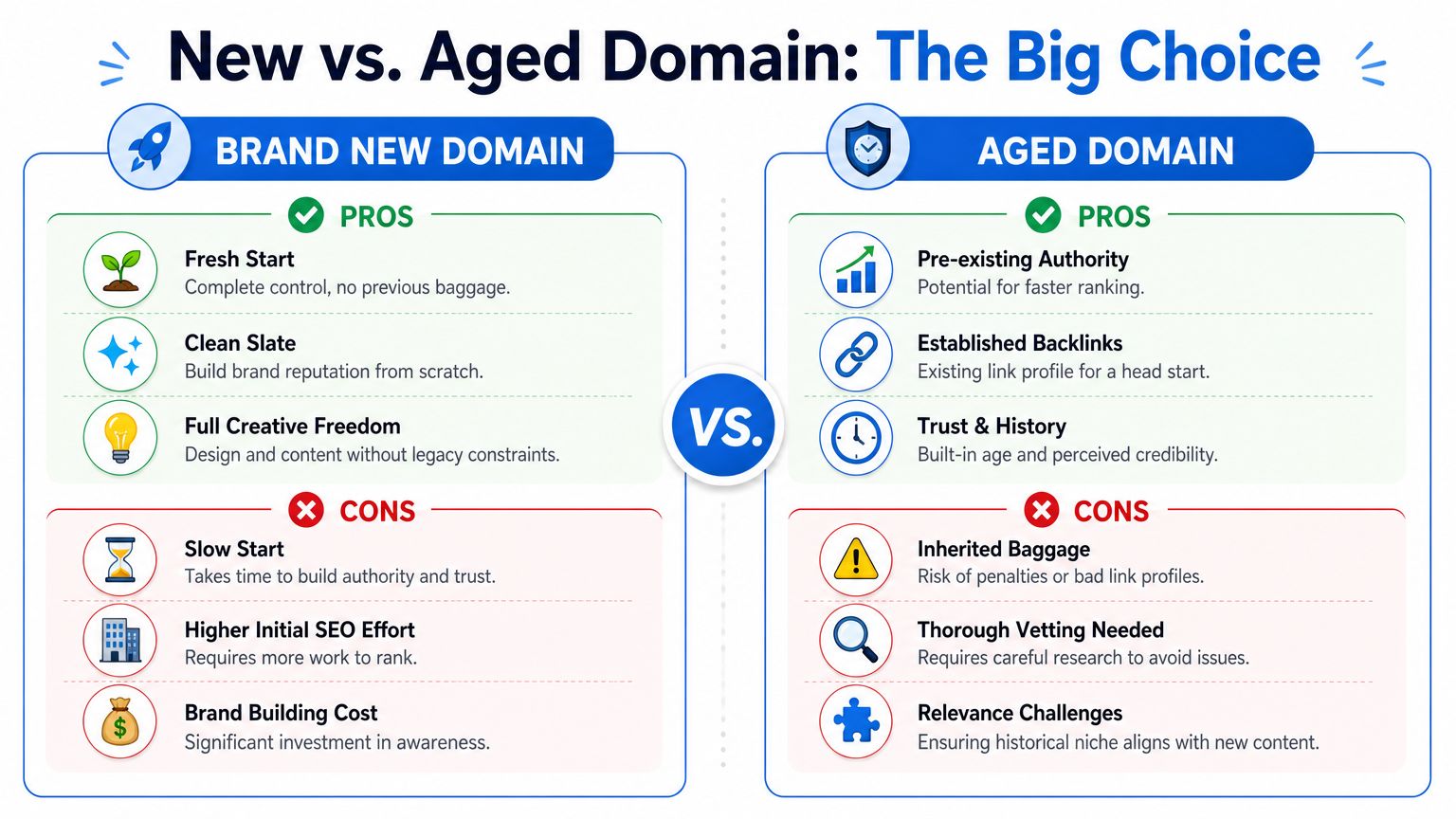 A comparison chart outlining the pros and cons of choosing between a brand new or aged domain for SEO.