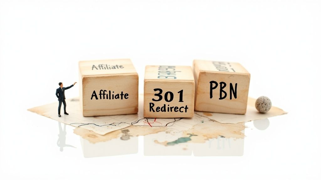 Wooden blocks showing affiliate, 301 redirect, and PBN SEO strategies with miniature businessman figure