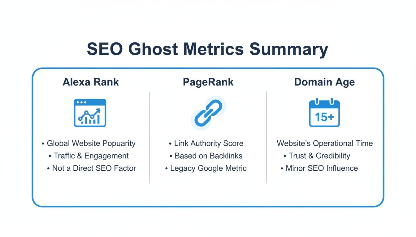 Infographic summarizing SEO ghost metrics: Alexa Rank, PageRank, and Domain Age with key characteristics.