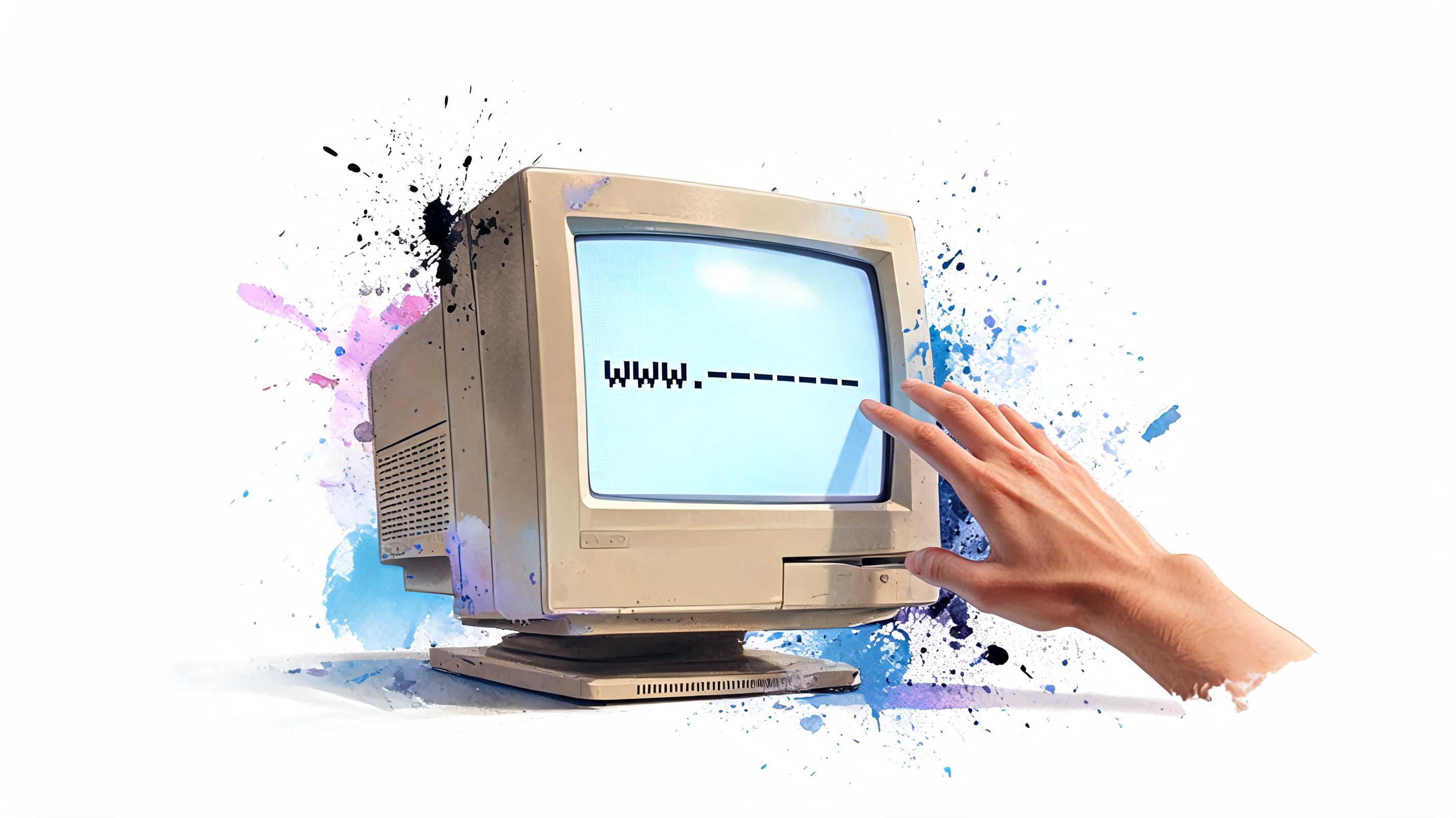 A vintage computer monitor displaying a website address with a dash being touched by a human hand.
