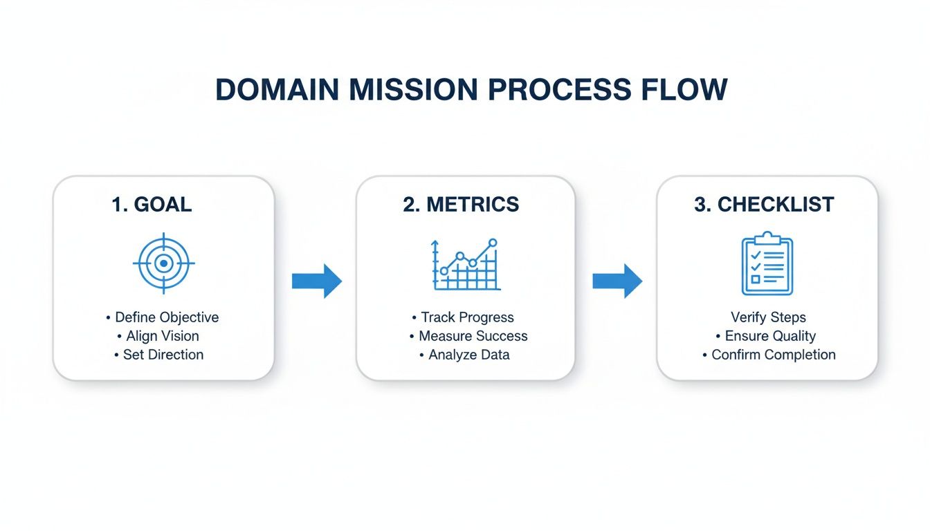 Domain mission process flow diagram illustrating three key steps: Goal, Metrics, and Checklist for completion.