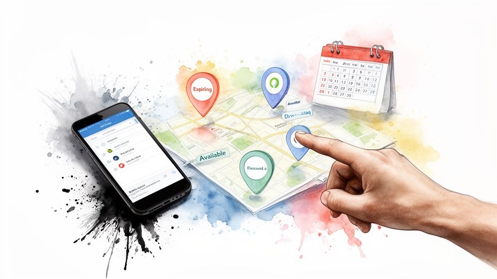 Hand tapping a map on a table showing available and expiring lease locations with a phone and calendar.