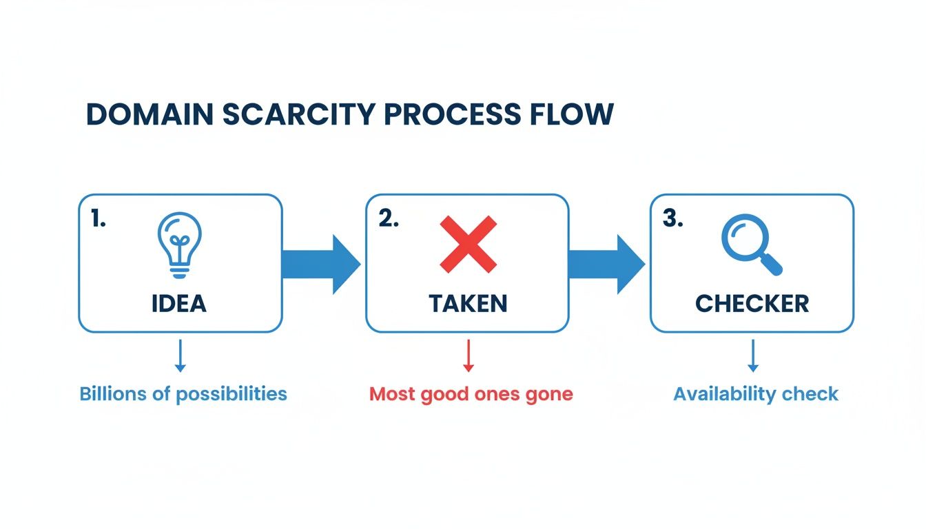 Flowchart illustrating the domain scarcity process, from idea generation to checking availability for names.