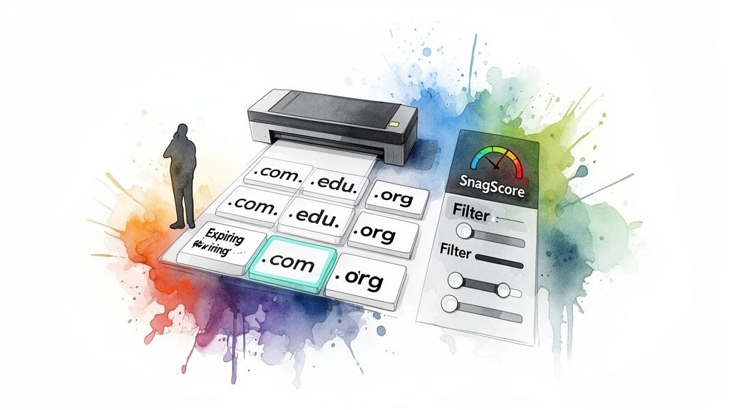 Illustration of a printer outputting domain name cards, a person observing, and a SnagScore filtering interface.