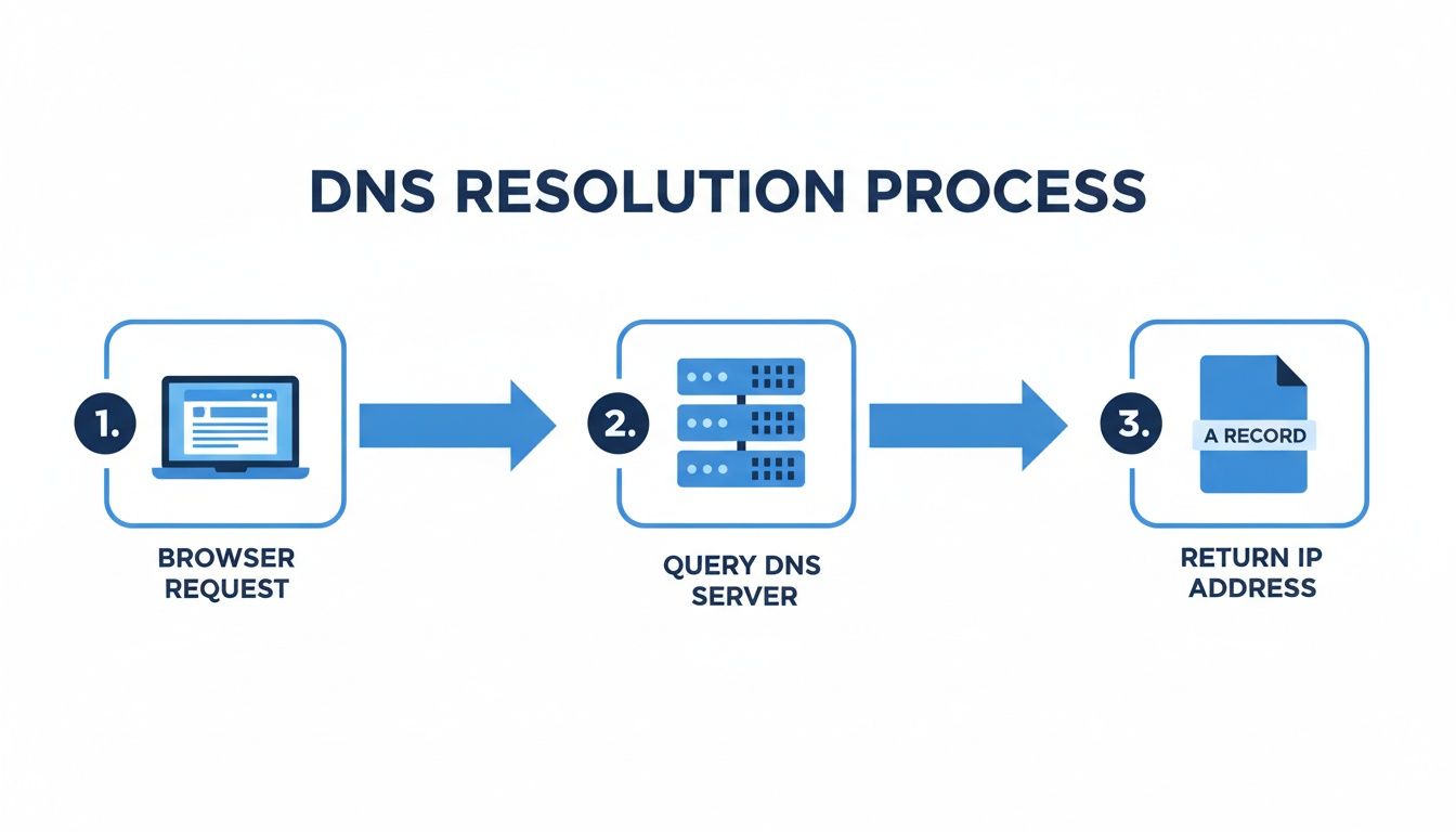 Diagram illustrating the DNS resolution process from browser request to obtaining an IP address.
