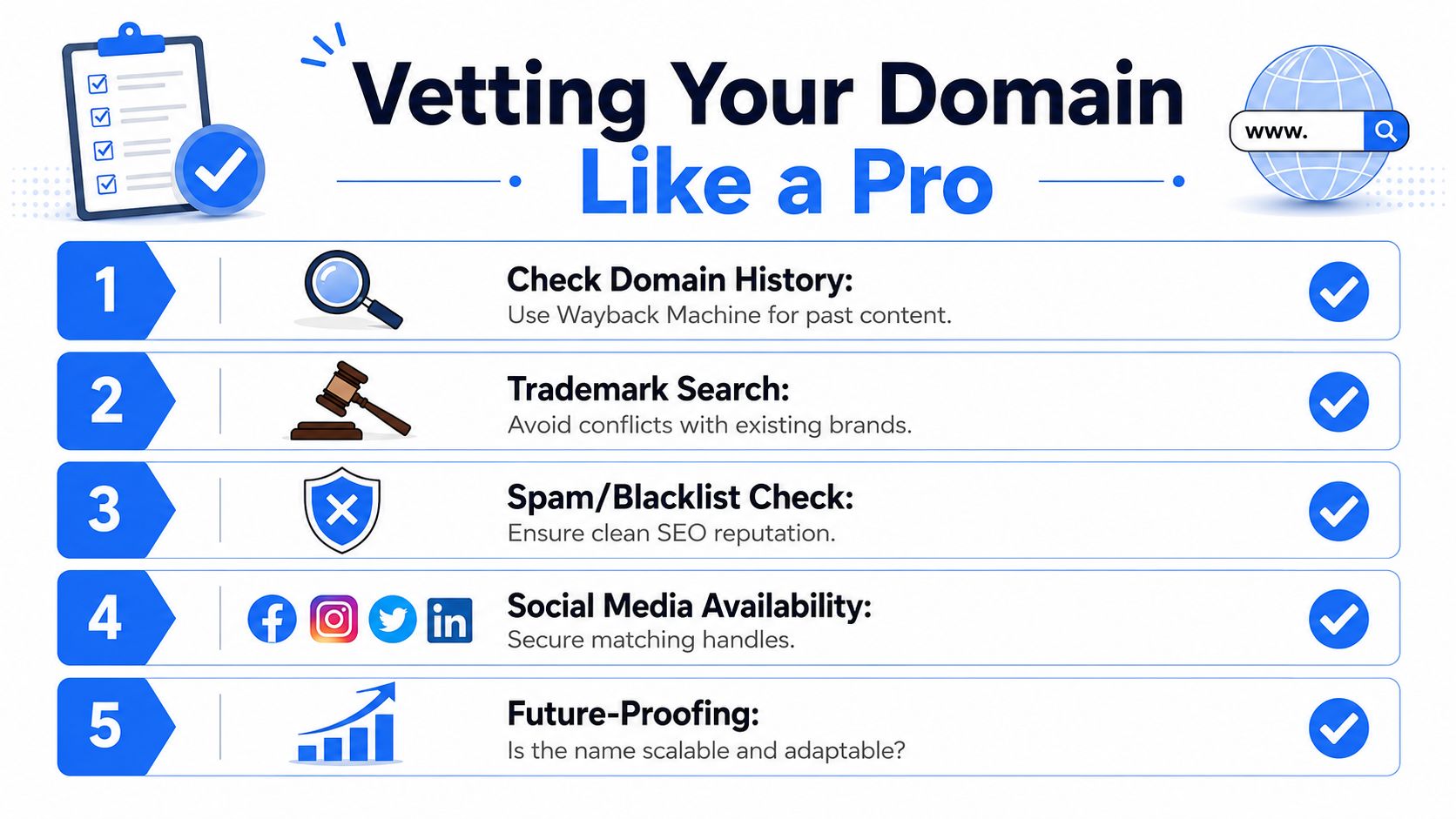 A professional infographic outlining five essential steps for vetting a domain name before purchase.