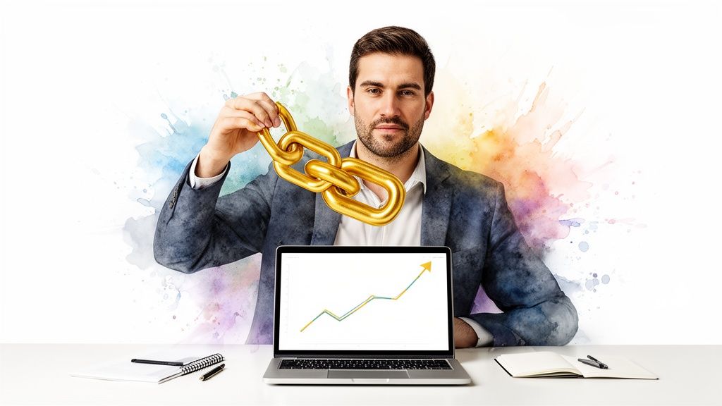 Businessman holds golden chain, sitting at desk with laptop showing a rising growth graph, symbolizing strong connections and business success.