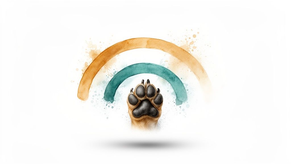 Watercolor illustration of a dog paw under two earthy-toned rainbow arcs with paint splatters.