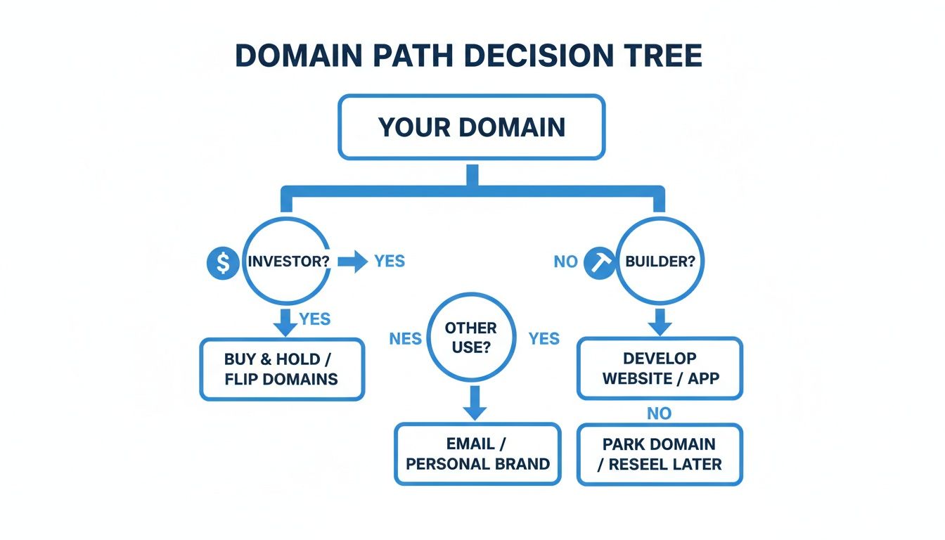 A decision tree flowchart guides users on what to do with their domain, whether for investment, development, or personal branding.
