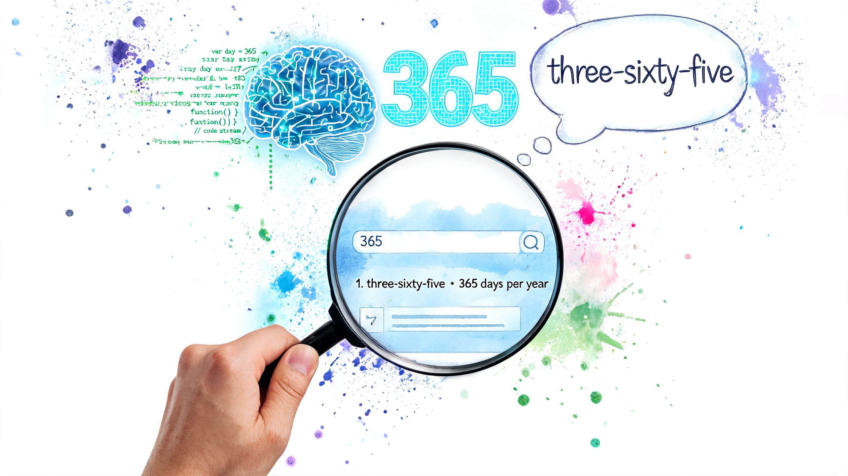 A hand holds a magnifying glass over a search result for the number 365 on a background.