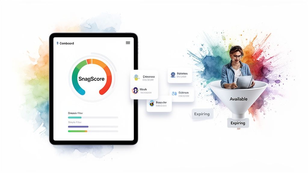 A tablet displays a 'SnagScore' app with filters and user data, alongside a person working in a sales funnel.