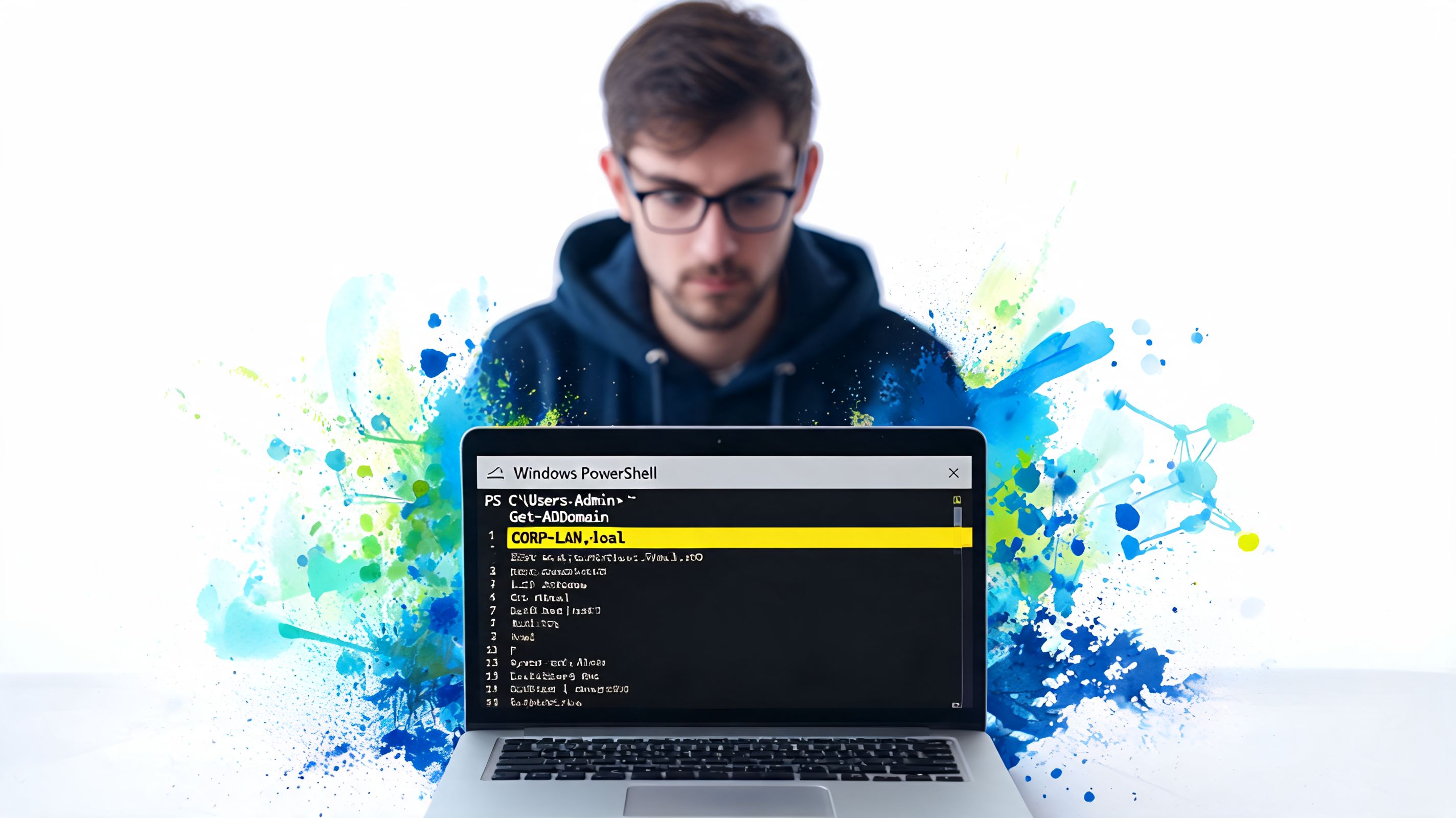 A young man with glasses working on a laptop displaying a PowerShell screen with domain information.