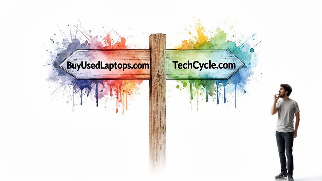 A man contemplates a choice between 'BuyUsedLaptops.com' and 'TechCycle.com' on a vibrant signpost.