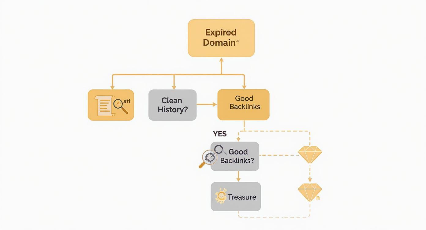 Flowchart showing expired domain evaluation process from history check to backlinks analysis and treasure discovery