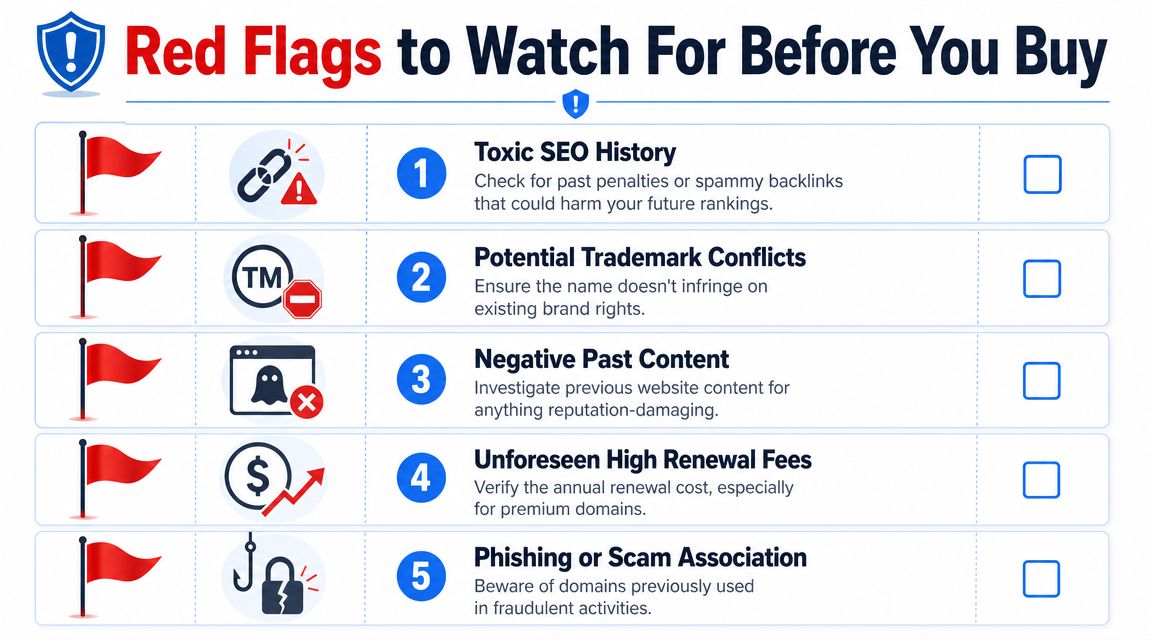A checklist infographic titled Red Flags to Watch For Before You Buy, highlighting five risks when purchasing domains.