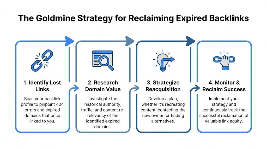 A four-step infographic illustrating the Goldmine Strategy for reclaiming lost backlinks through analysis and strategic outreach.