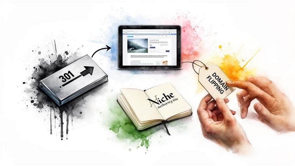 Illustration of SEO strategies: 301 redirect, niche authority sites, and domain flipping concepts.