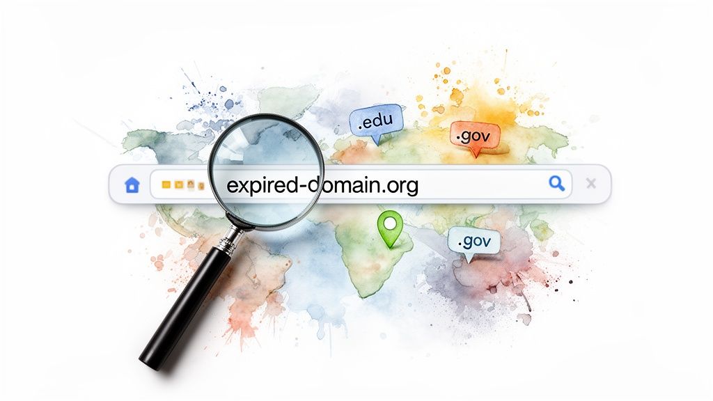 Magnifying glass on a browser searching 'expired-domain.org' with .edu, .gov extensions on a world map.