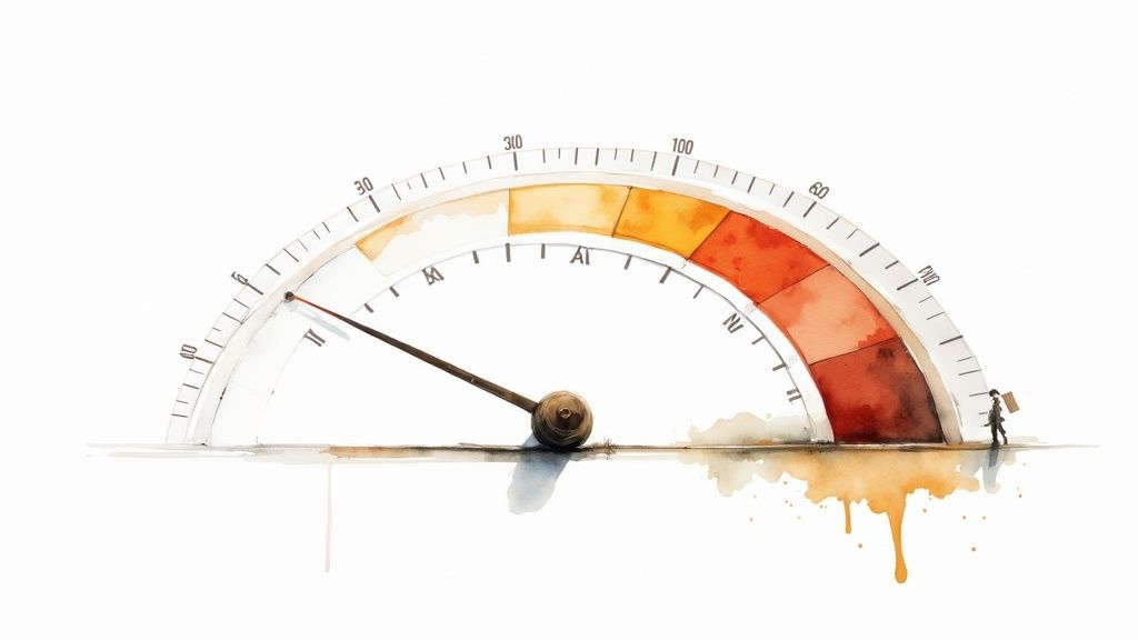 Watercolor illustration of a large gauge with a low-pointing needle, color-coded warning zones, and a person.