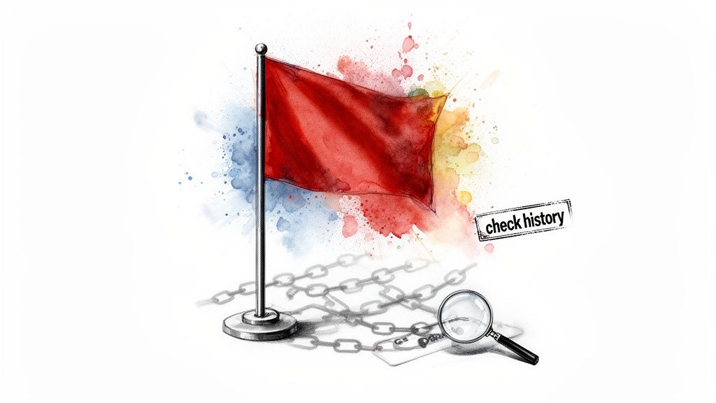 Watercolor illustration of a red flag, chains, a magnifying glass, and a 'check history' stamp.