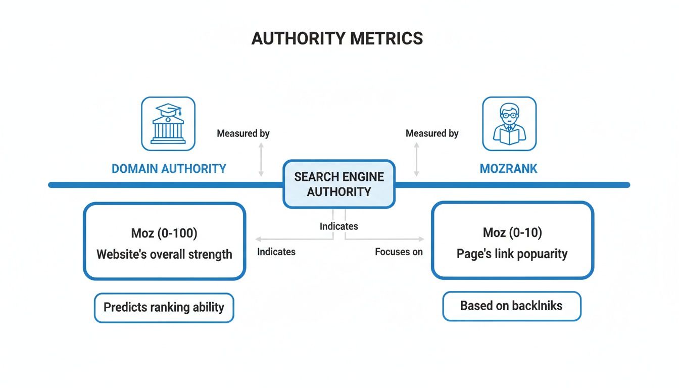 An infographic detailing SEO authority metrics: Domain Authority and MozRank, their definitions and scores.
