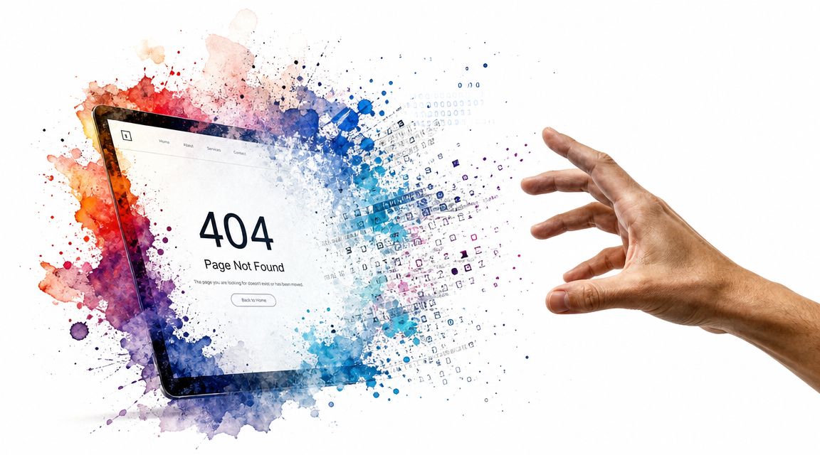 A digital tablet displaying a 404 page error surrounded by colorful watercolor splashes and binary code fragments.