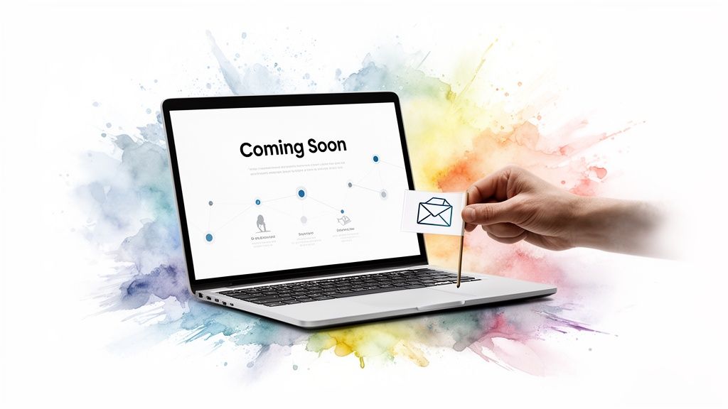 A hand places an email flag into a laptop displaying "Coming Soon" on its screen, surrounded by watercolor.