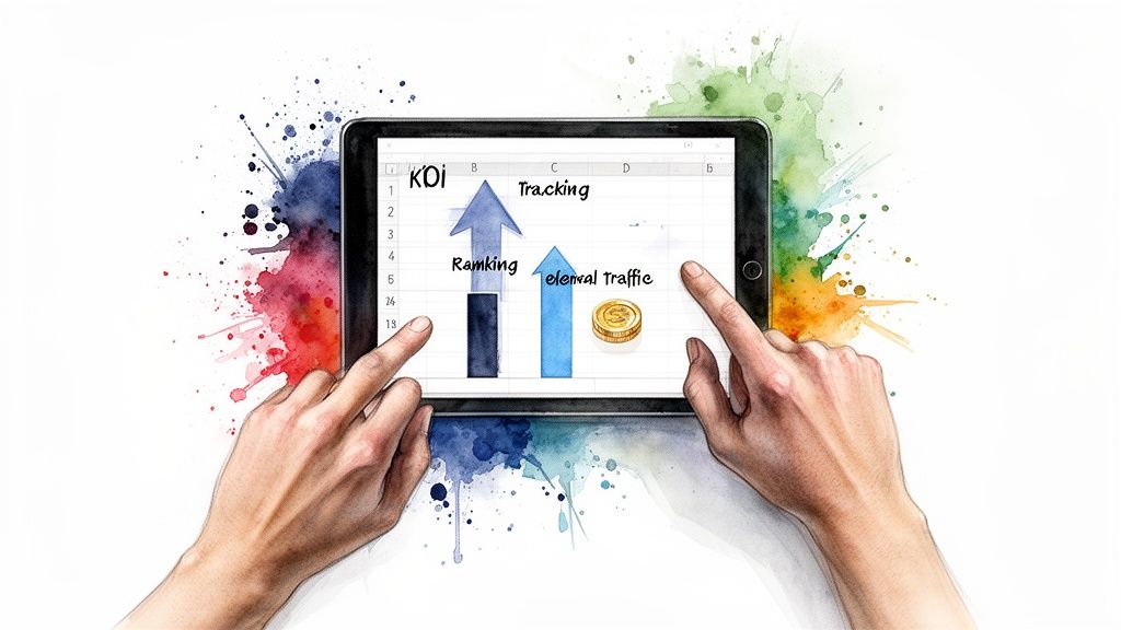 Hands interacting with a tablet displaying SEO metrics for ranking, external traffic, and tracking, with gold coins.