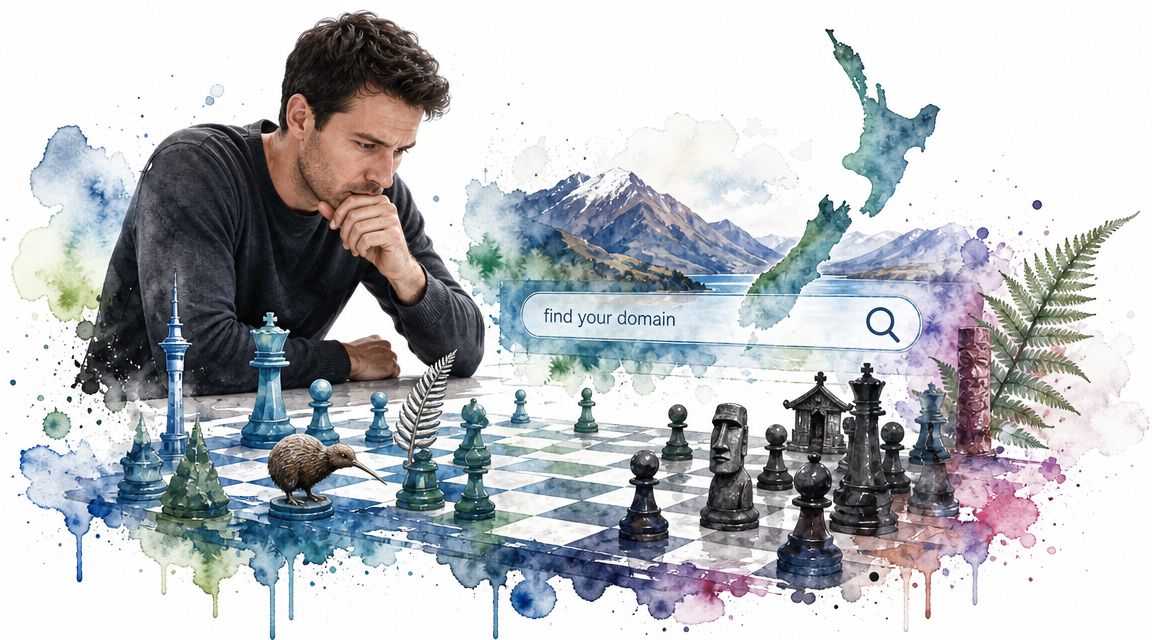 A man thoughtfully playing chess on a board decorated with New Zealand symbols and a search bar.
