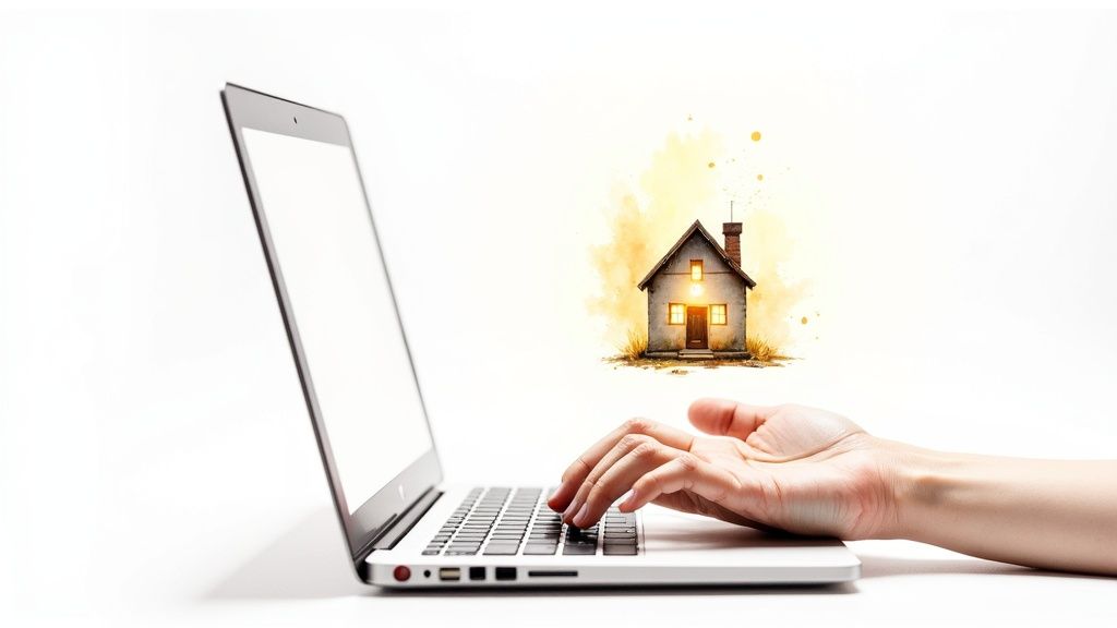Hand typing on a laptop keyboard, a glowing house illustration symbolizes home searching or online property.