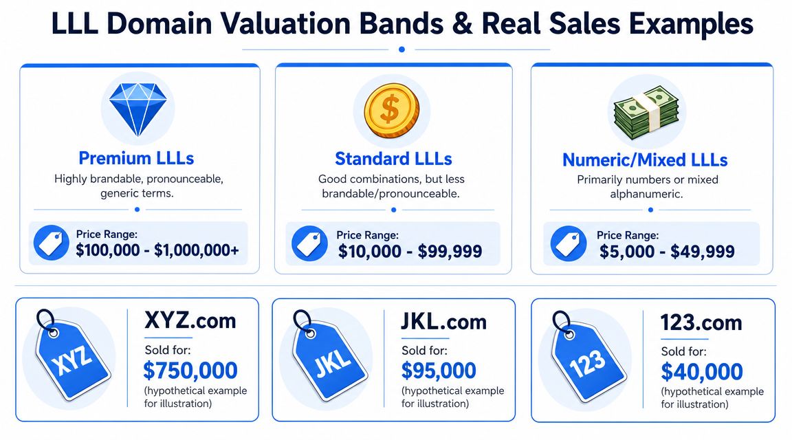A chart showing valuation price bands and illustrative examples for three-letter domain names.