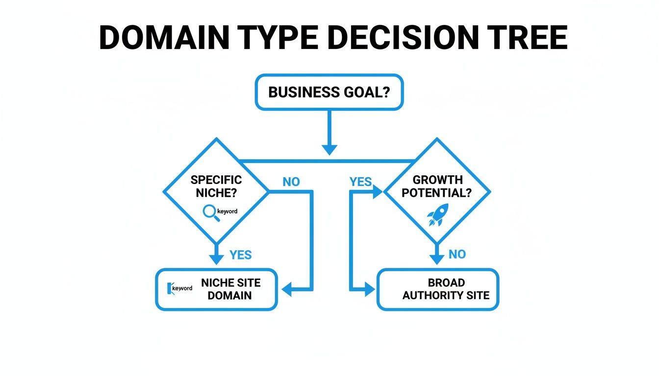 Decision tree flowchart for choosing a domain type based on business goal, niche, and growth potential.