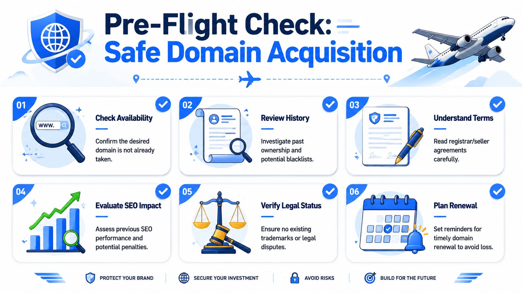 A step-by-step infographic illustrating the six essential stages of conducting a safe domain name acquisition.