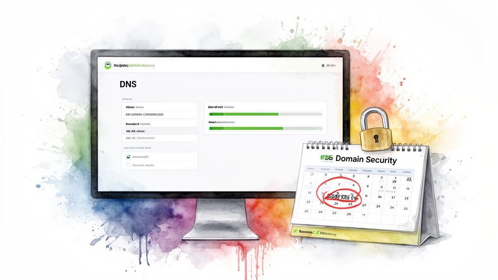 Watercolor illustration of a computer displaying DNS settings and a domain security calendar with a padlock.