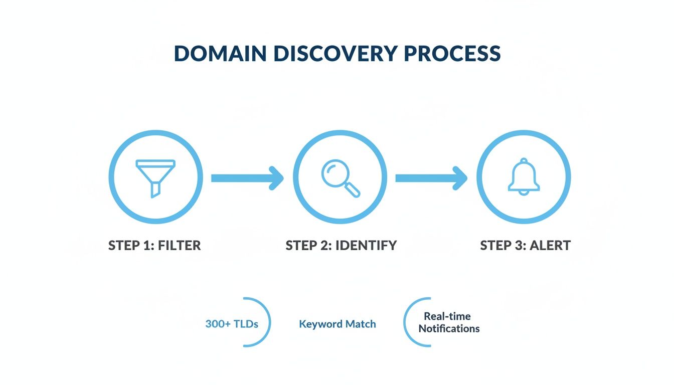 A three-step domain discovery process: Filter, Identify, and Alert, with details on TLDs, keyword matching, and real-time notifications.