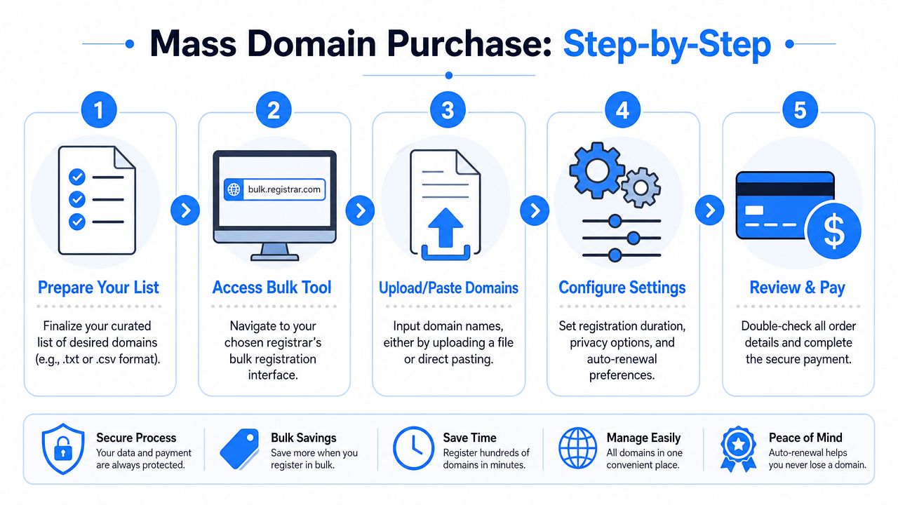 A step-by-step infographic showing how to buy domain names in bulk using a simple five-step process.