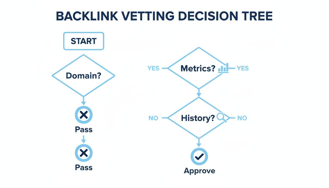 Flowchart of a backlink vetting decision tree, guiding approval or rejection based on criteria.