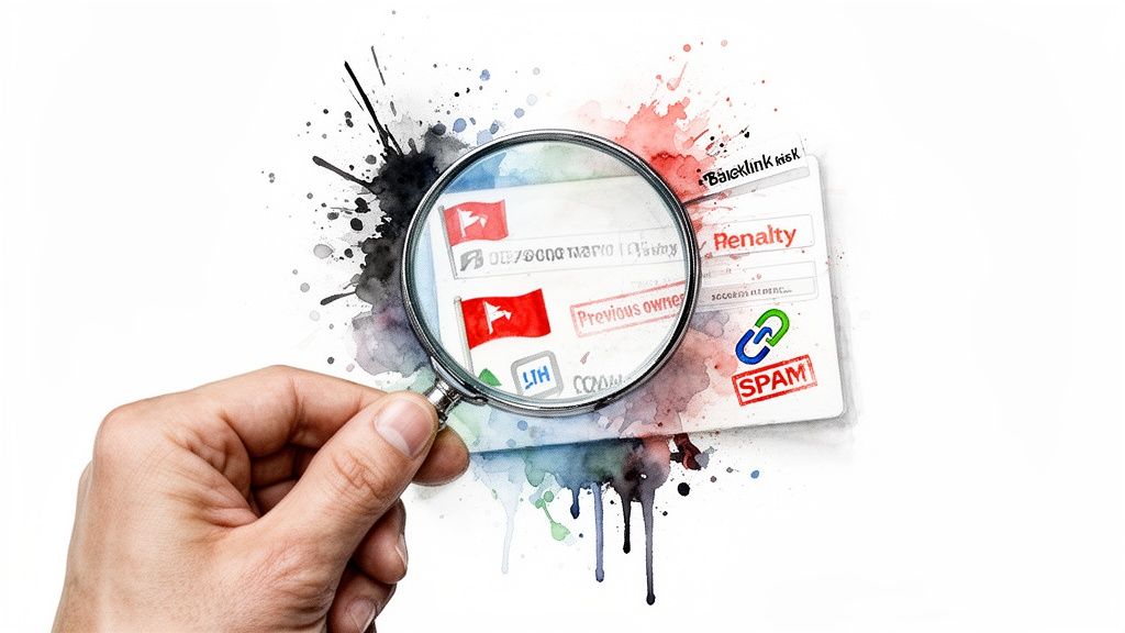 Magnifying glass examining a document with 'Penalty', 'SPAM', and 'Backlink Risk' related to website domain analysis.
